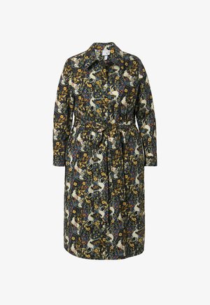 Blomstermønstret lang frakke med bælte i taljen, der har en mørk baggrund med hvide unicorns, gule blomster og grønne blade.