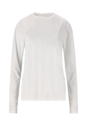 Schlichtes weißes Langarmshirt mit Rundhalsausschnitt, schlanker Passform und glatter Stoffstruktur.