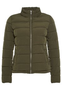 Olivengrøn dunjakke med høj krave, lynlåslukning og vandret quiltet mønster. Letvægtsstof med en glat tekstur.