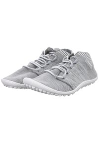 Lightweight gray athletic shoes made of mesh fabric, featuring white rubber soles and laces, with a textured finish and minimalistic design.