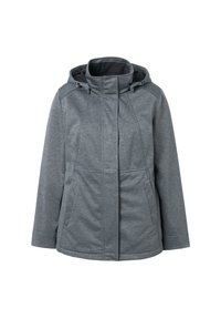 Grå vattentät jacka med hög krage och huva, med två framfickor, subtila sömmar och en slät textur.