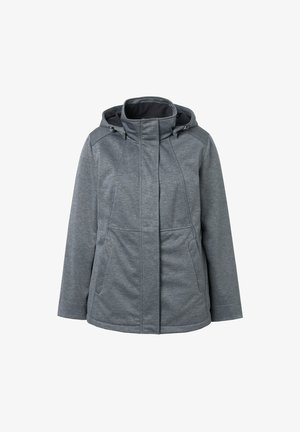 Giacca impermeabile grigia con colletto alto e cappuccio, dotata di due tasche frontali, cuciture sottili e una texture liscia.