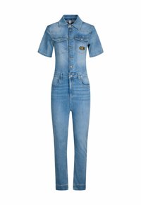 Jeans-Overall mit kurzen Ärmeln, hellblauer Farbe, Knopfleiste, zwei Brusttaschen und hochtaillierten, schmal zulaufenden Beinen. Mit Logo-Patch.