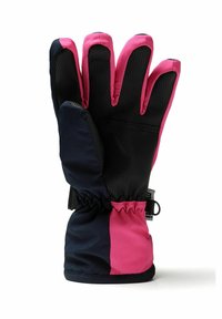 Talviin oleva hansikas, jossa on musta verkkomateriaali, vaaleanpunaiset yksityiskohtapaneelit, viiden sormen muotoilu ja säädettävä ranneke turvallista istuvuutta varten.