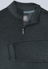 Dunkelgrauer Reißverschluss-Sweatshirt mit hohem Kragen, gerippten Bündchen und einer kleinen Brusttasche. Hergestellt aus einem weichen, strukturierten Stoff.