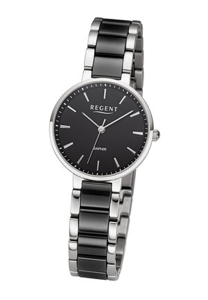 Montre à cadran noir avec bracelet en acier inoxydable argenté et noir. Comprend des index et des aiguilles argentés, avec le texte "REGENT" et "SAPHIR" sur le cadran.
