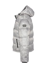 Lys grå pufferjakke med hætte, sorte lynlås-lommer og et "Schott New York NYC" mærke på den øverste arm.