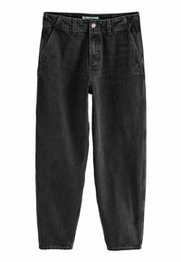 Jeans din denim negru cu o croială la talie înaltă, formă dreaptă a piciorului, buzunare frontale și închidere cu un nasture metalic. Ușor decolorate pe material.