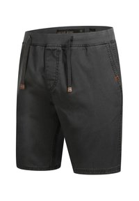 Zwarte denim shorts met een elastische Tailleband, trekkoord en twee zijzakken. Heeft gestikte details en een klein bruin accentlabel.