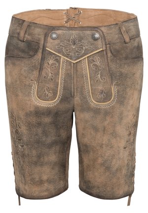 Shorts en cuir marron avec coutures décoratives, présentant des motifs floraux, une taille contrastante et des liens à l'avant et sur les côtés.