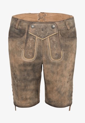 Braune Lederhosen mit dekorativen Nähten, die florale Muster aufweisen, einen kontrastierenden Bund haben und vorne sowie an den Seiten Bänder besitzen.