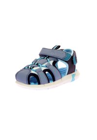 Sandalias infantiles en azul y gris con diseño abierto, correa ajustable, parte superior sintética, plantilla acolchada y suela de goma.