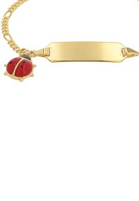 Bracciale in tonalità oro con un'etichetta piatta incisa e un charm a forma di coccinella in smalto rosso con macchie nere. Design a catena con finitura lucida.