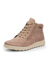 Beige suede high-top shoe with thick rubber sole, side zipper, and beige laces, featuring a small Gore-Tex label on the collar.