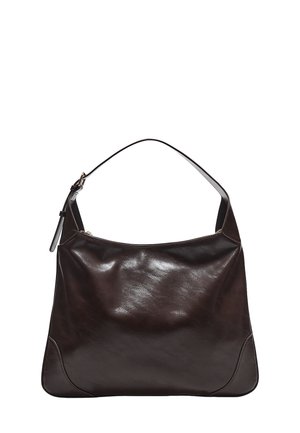 Dark brown leather shoulder bag with a single wide strap, zip closure, and smooth, slightly shiny surface against a plain white background.