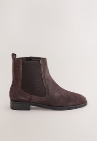 Dark brown suede Chelsea boot with elastic side panel and low black heel on a plain light background.