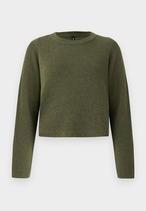 Suéter verde corto con mangas largas, hecho de tela de punto texturizada. Presenta un escote redondo y un diseño minimalista.