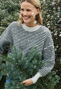 Pull en maille rayé gris et crème, avec un large col et un motif texturé, une personne tenant des branches de pin vertes.