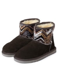 Botines de ante negro con un patrón de punto texturizado en marrón, crema y gris en el cuello. Forro suave y suelas de goma planas.