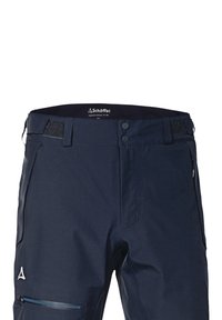 Marineblaue Outdoor-Hosen mit einem flachen Bund, Klettverschluss-Akzenten, zwei vorderen Knöpfen, einer Reißverschlusstasche und einem Logodetail.