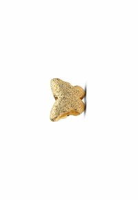 Goldener schmetterlingsförmiger Schmuck mit strukturierter Oberfläche, der ein dreidimensionales Design und eine glatte Unterseite aufweist.