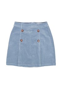 Lichtblauwe corduroy rok met een dubbele rij van vier bruine knopen aan de voorkant en riemlussen op de tailleband.