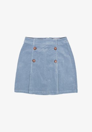 Lichtblauwe corduroy rok met een dubbele rij van vier bruine knopen aan de voorkant en riemlussen op de tailleband.