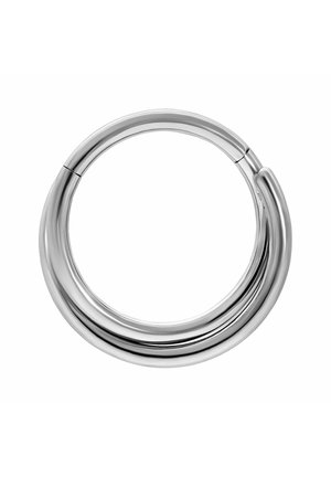 Polished silver thick hoop earring with a smooth, rounded surface and a hinged clasp for fastening.