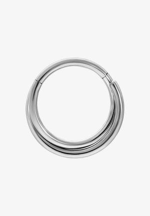 Polished silver thick hoop earring with a smooth, rounded surface and a hinged clasp for fastening.