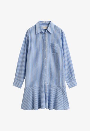 Vestito a righe verticali blu e bianche con bottoni, maniche lunghe, tasca sul petto, collo appuntito e orlo svasato.