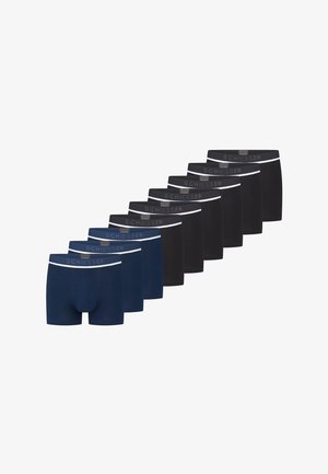 Vijf paar boxershorts in marineblauw en zwart, met een witte tailleband met het "SCHIESSER" logo, gemaakt van zacht katoenen materiaal.