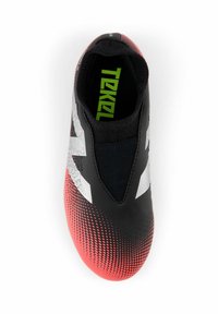 Black soccer shoe with gradient pink and orange dots, featuring a sock-like collar and white branding. Smooth synthetic material, sleek design.