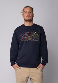 Marineblauwe sweatshirt van katoen, met een grafisch ontwerp van kleurrijke fietsen op de voorkant, voorzien van geribbelde manchetten en onderkant.