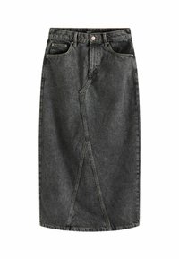 Mørk denimnederdel med en let falmet finish, knælang, med forlommer og et asymmetrisk design med et unikt snit.