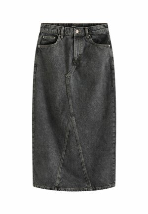 Dunkelblaue Jeansrock mit einem leicht verblassten Finish, knielang, mit Fronttaschen und einem asymmetrischen Design mit einem einzigartigen Schnitt.