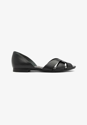 Schwarze Lederflats mit einem offenen Zehendesign, ausgestattet mit gekreuzten Riemen und einem niedrigen, stabilen Absatz. Glatte Textur mit einem minimalistischen Stil.