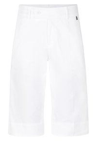Bílé krátké kalhoty s knoflíkovým zapínáním, plochým předním dílem, hladkou texturou a jemným značkovým detailem na pasu.