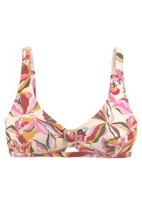 Kwiatowy top bikini z kremowym tłem w różowe, pomarańczowe i zielone wzory. Zawiera dekoracyjną klamrę na środku.