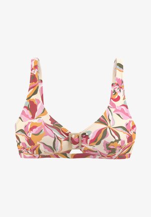 Kwiatowy top bikini z kremowym tłem w różowe, pomarańczowe i zielone wzory. Zawiera dekoracyjną klamrę na środku.