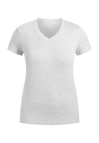 Lys grå v-hals t-shirt, korte ærmer, lavet af blød bomuldsblanding med en glat tekstur, har en klassisk pasform og enkelt design.