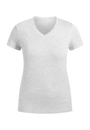 T-shirt gris clair à col en V, à manches courtes, fabriqué en coton doux mélangé avec une texture lisse, présentant une coupe classique et un design basique.