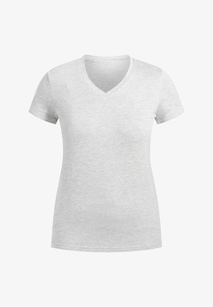 Light gray v-neck t-shirt, short sleeves, made of soft cotton blend with a smooth texture, featuring a classic fit and basic design.