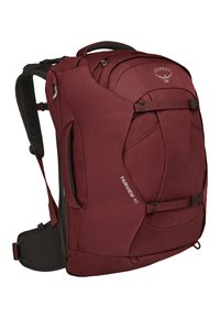 Sac à dos Osprey Fairview 40 en bordeaux, doté d'un tissu durable, de bretelles rembourrées, de multiples compartiments et de lignes de design élégantes.