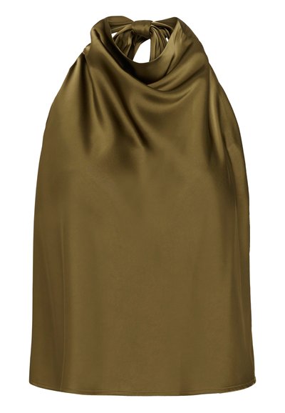 Top sans manches en satin vert olive avec encolure froncée et détail de tissu drapé à l'avant.