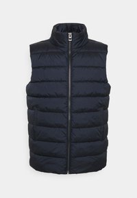 Navy blue puffer vest with a high collar, front zipper, and horizontal quilted design. Features two side pockets for storage.