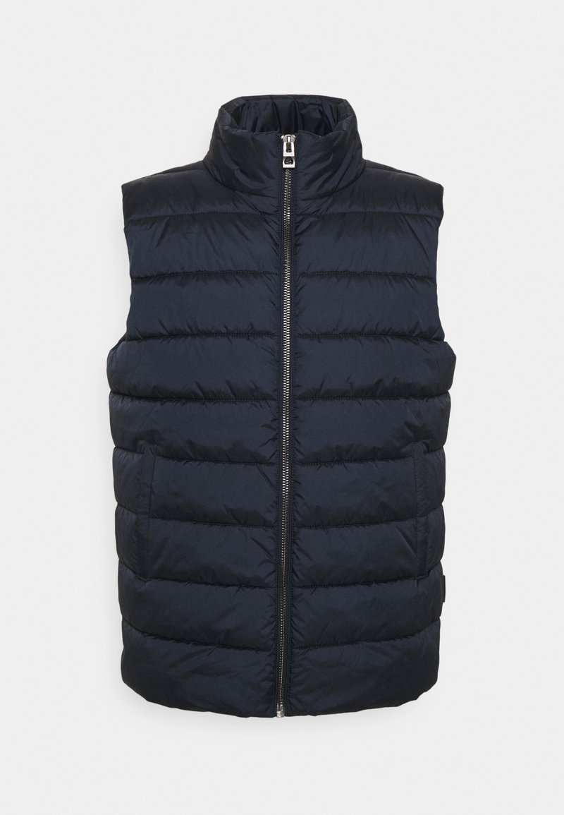 Navy blue puffer vest with a high collar, front zipper, and horizontal quilted design. Features two side pockets for storage.
