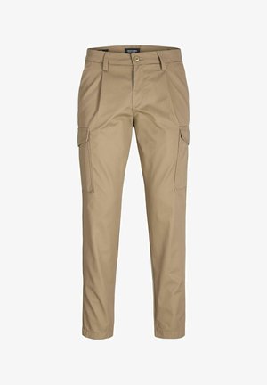 Beige kravas bikses, izgatavotas no kokvilnas maisījuma. Iekļauj divas sānu kabatas, pogu aizdari un taisna kāju dizainu. Gluda tekstūra un pielāgota piegriezuma.