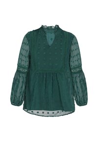 Grøn bluse lavet af gennemsigtigt stof, med broderede prikker, lange ærmer med elastiske manchetter og en rynket hals.