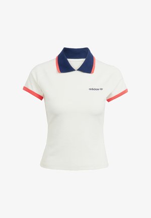 Witte polo met marineblauwe kraag en koraalkleurige accenten. Heeft korte mouwen en een geborduurd merklogo op de linkerborst. Gemaakt van katoen.