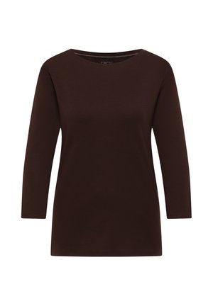 Camicia a maniche lunghe marrone in cotone, con scollatura a barca e vestibilità rilassata, caratterizzata da una texture liscia e un design minimal.